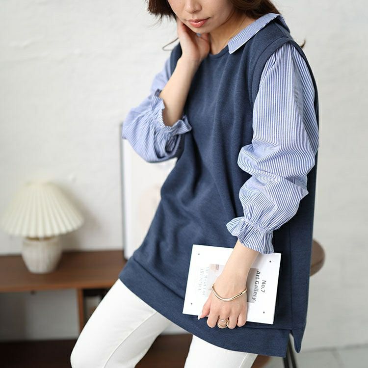 大きいサイズ レディース キャンディスリーブフェイクベストプルオーバー　cast-5542025