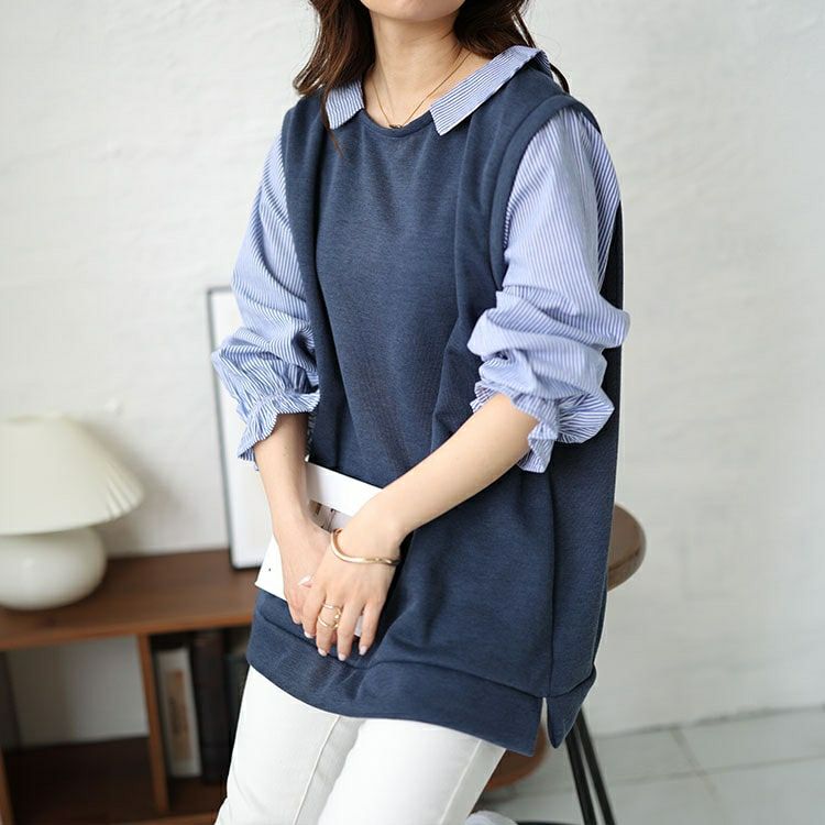 大きいサイズ レディース キャンディスリーブフェイクベストプルオーバー　cast-5542025