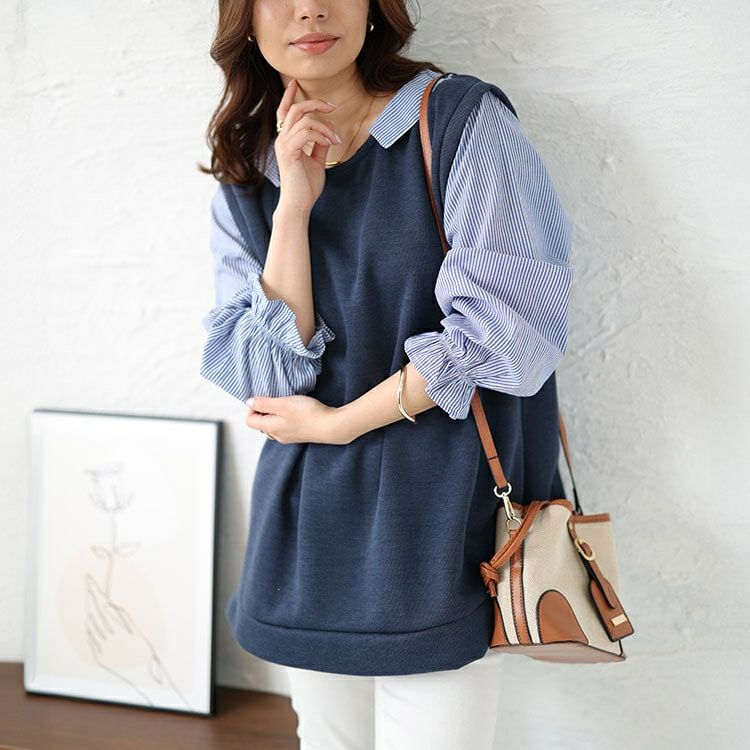 大きいサイズ レディース キャンディスリーブフェイクベストプルオーバー　cast-5542025