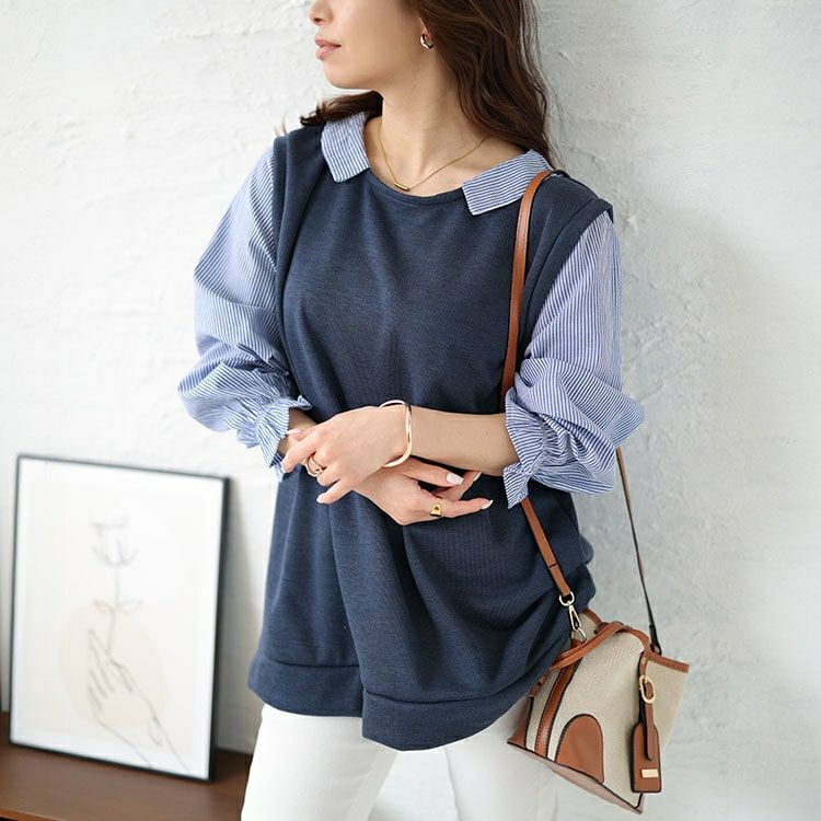 大きいサイズ レディース キャンディスリーブフェイクベストプルオーバー　cast-5542025