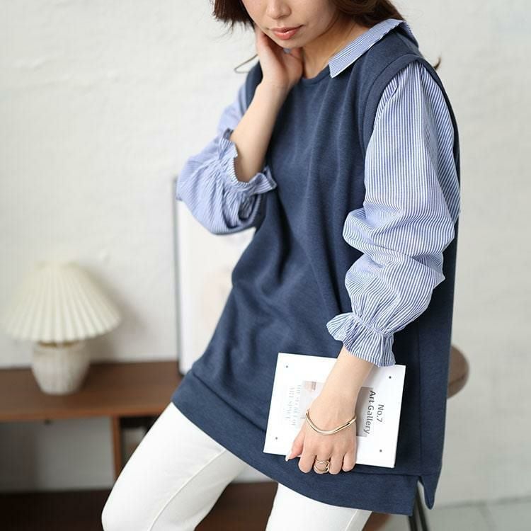 大きいサイズ レディース キャンディスリーブフェイクベストプルオーバー　cast-5542025 ネイビー