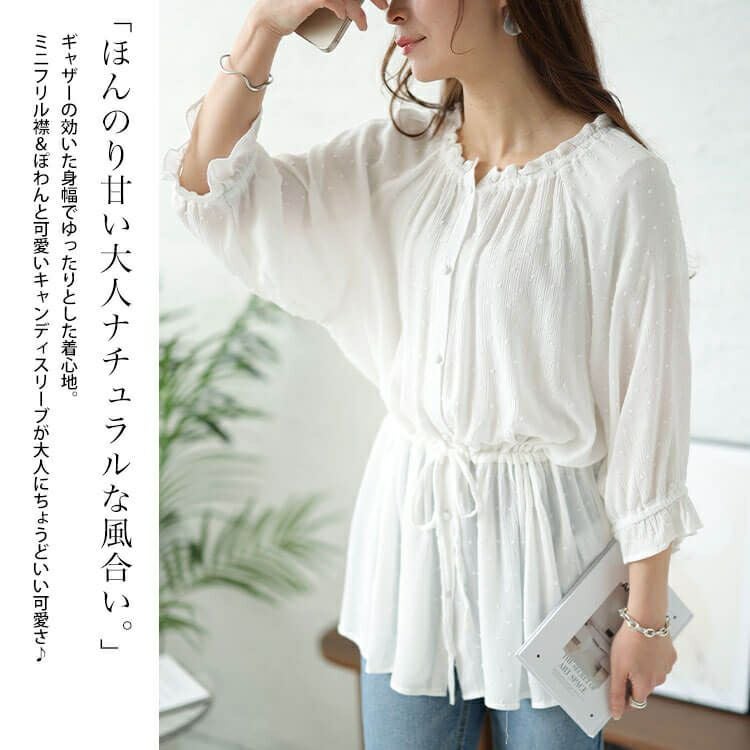 大きいサイズ レディース ミニフリル襟ドット楊柳ドビーブラウス　cpdai-640377