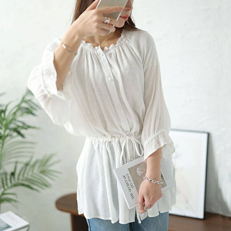 大きいサイズ レディース ミニフリル襟ドット楊柳ドビーブラウス　cpdai-640377