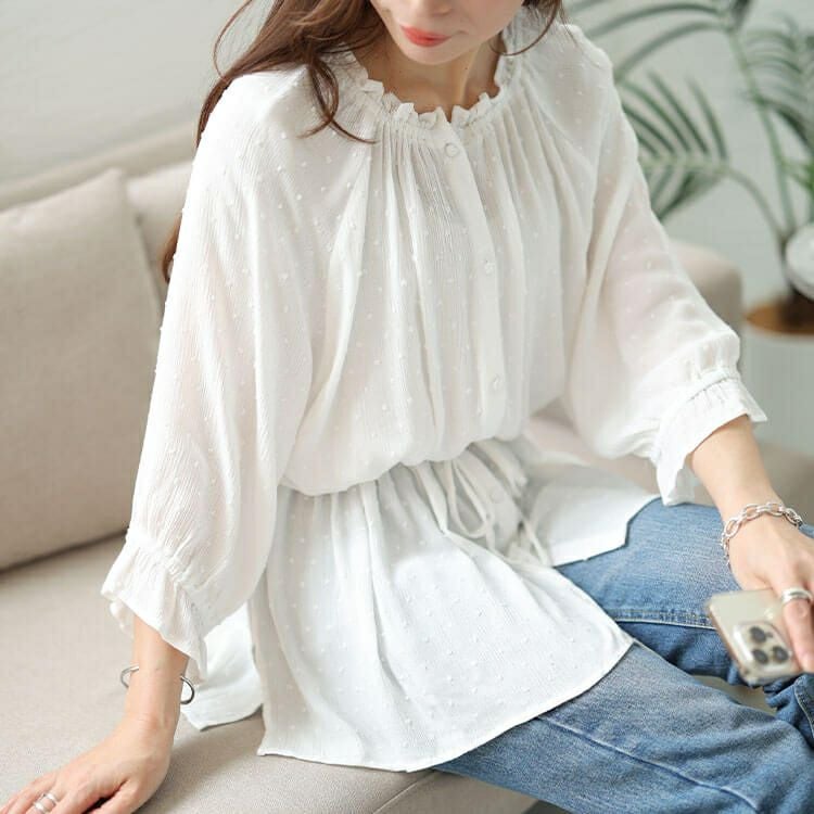 大きいサイズ レディース ミニフリル襟ドット楊柳ドビーブラウス　cpdai-640377