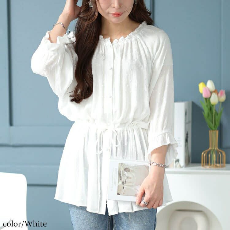 大きいサイズ レディース ミニフリル襟ドット楊柳ドビーブラウス　cpdai-640377