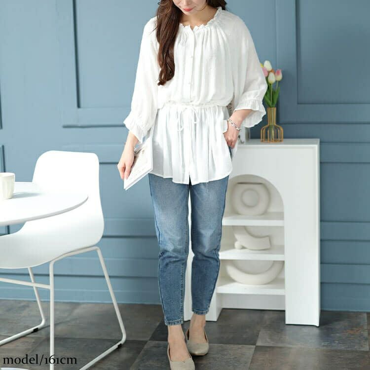 大きいサイズ レディース ミニフリル襟ドット楊柳ドビーブラウス　cpdai-640377