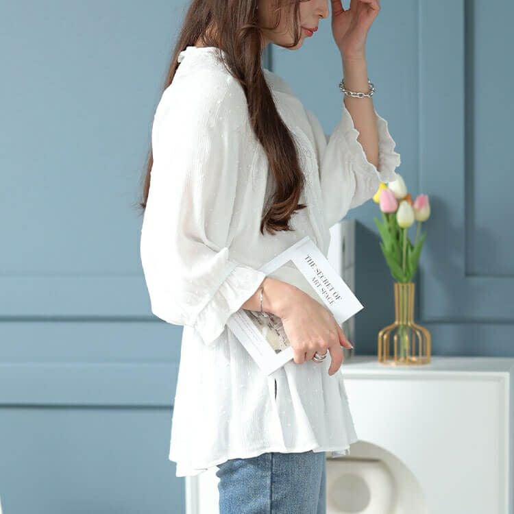 大きいサイズ レディース ミニフリル襟ドット楊柳ドビーブラウス　cpdai-640377