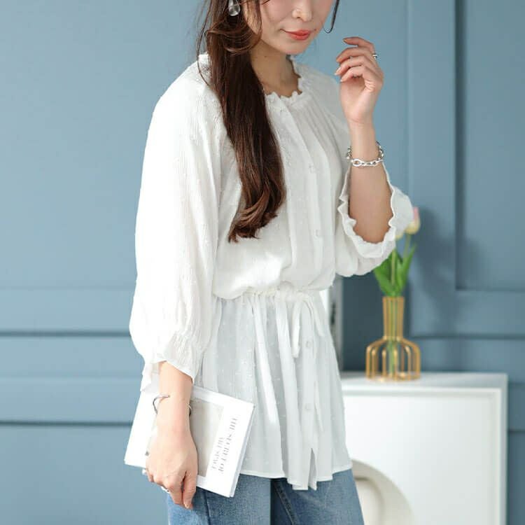 大きいサイズ レディース ミニフリル襟ドット楊柳ドビーブラウス　cpdai-640377