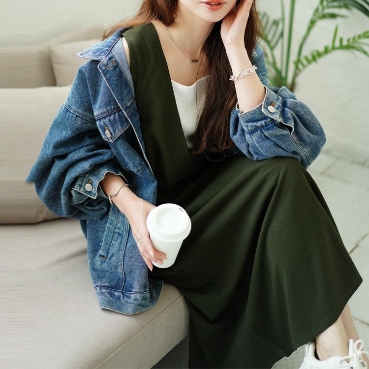 大きいサイズ レディース 深Vネックバックスリットジャンパースカート　plan-2300477