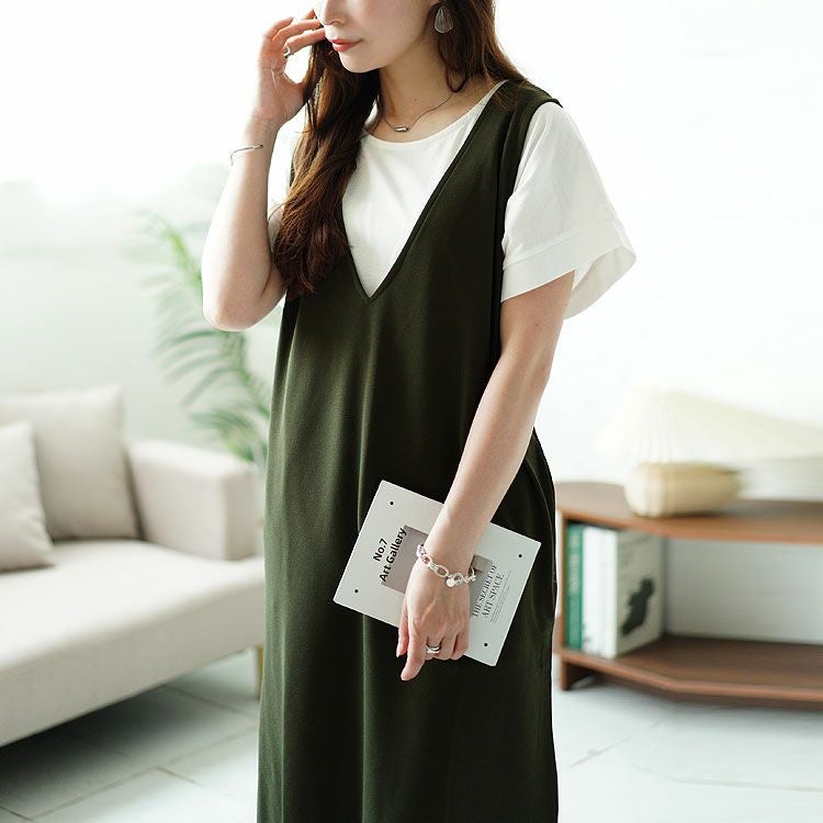 大きいサイズ レディース 深Vネックバックスリットジャンパースカート　plan-2300477