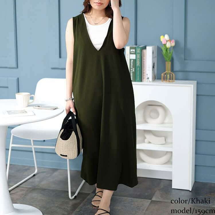 大きいサイズ レディース 深Vネックバックスリットジャンパースカート　plan-2300477 カーキ