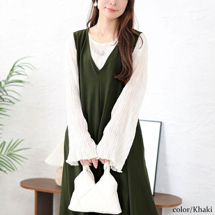 大きいサイズ レディース Vネックフレアジャンパースカート　plan-2300467