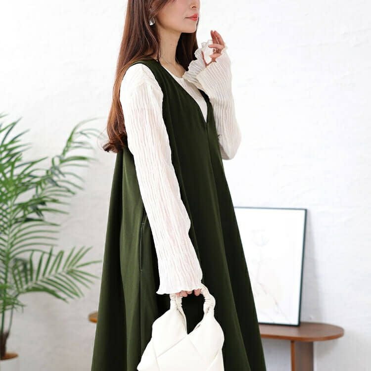 大きいサイズ レディース Vネックフレアジャンパースカート　plan-2300467