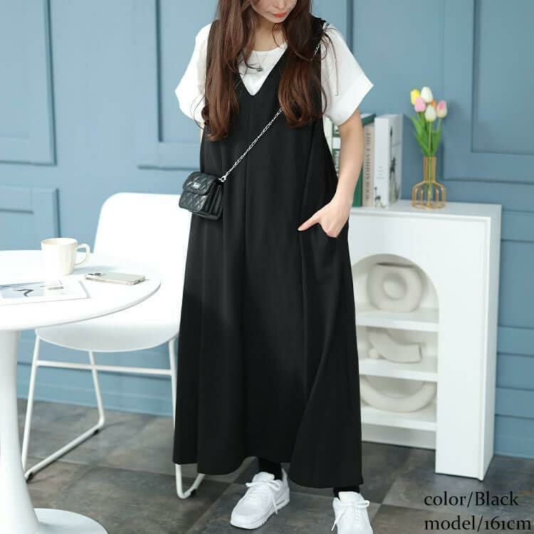 大きいサイズ レディース Vネックフレアジャンパースカート　plan-2300467 ブラック