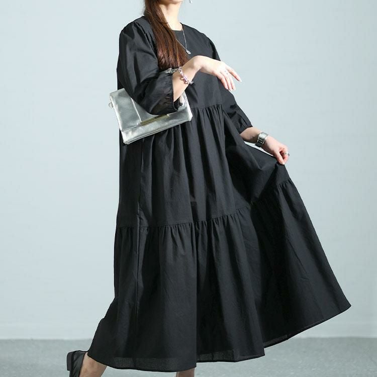 大きいサイズ レディース ティアードロングワンピース　goldy-1464 ブラック