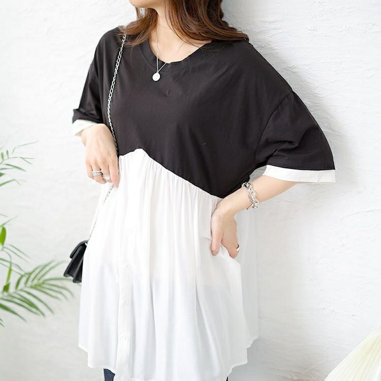 大きいサイズ レディース 異素材ドッキングチュニック　goldy-1461