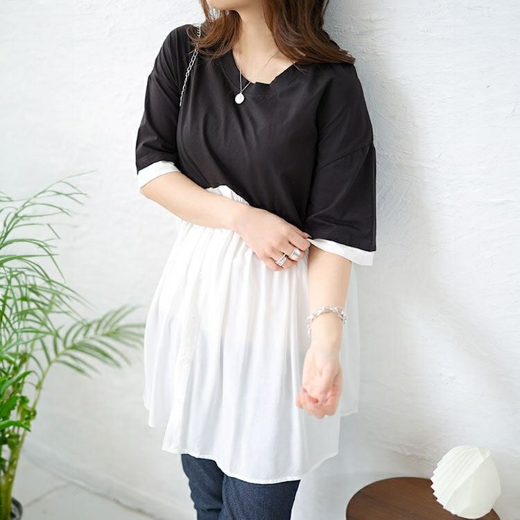 大きいサイズ レディース 異素材ドッキングチュニック　goldy-1461