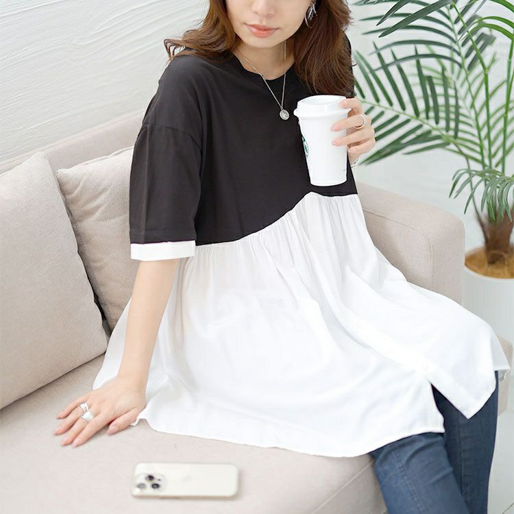 大きいサイズ レディース 異素材ドッキングチュニック　goldy-1461