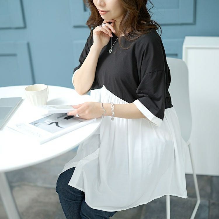 大きいサイズ レディース 異素材ドッキングチュニック　goldy-1461