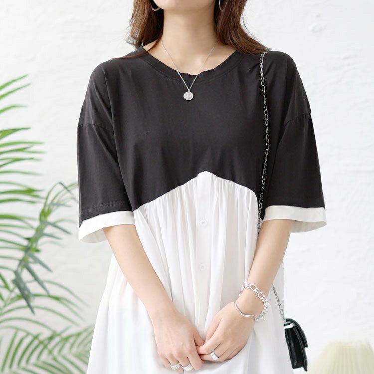 大きいサイズ レディース 異素材ドッキングチュニック　goldy-1461