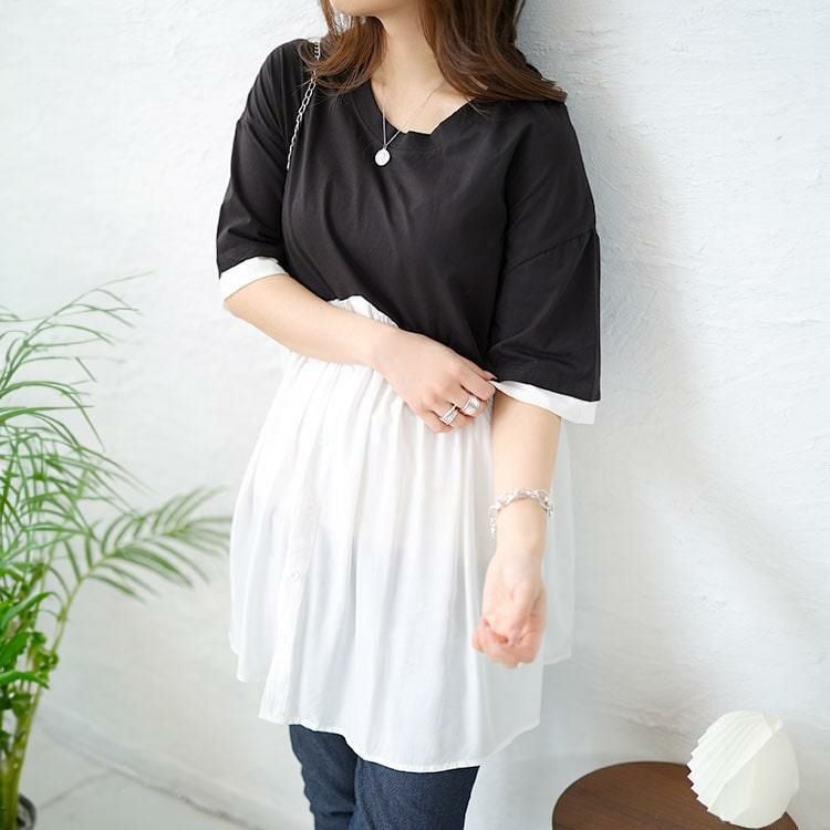 大きいサイズ レディース 異素材ドッキングチュニック　goldy-1461 ブラック