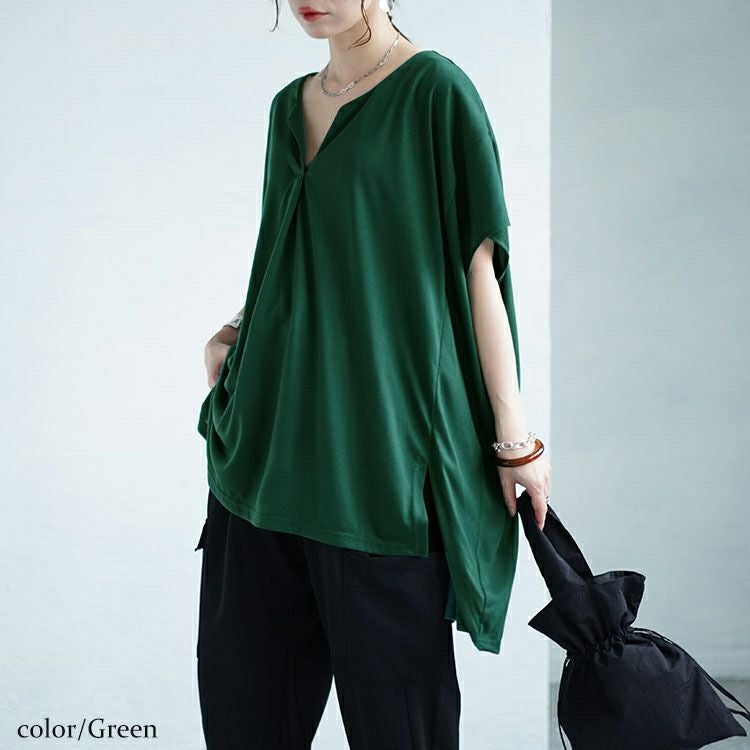 大きいサイズ レディース サイドスリットフロントタックドルマンチュニック　fem-464