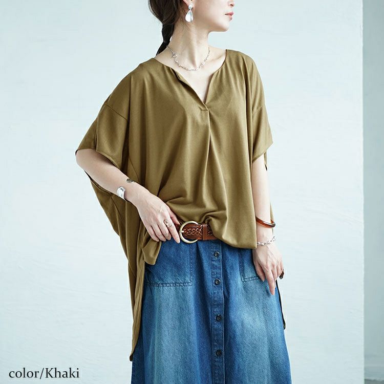 大きいサイズ レディース サイドスリットフロントタックドルマンチュニック　fem-464