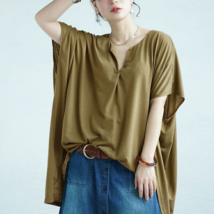 大きいサイズ レディース サイドスリットフロントタックドルマンチュニック　fem-464