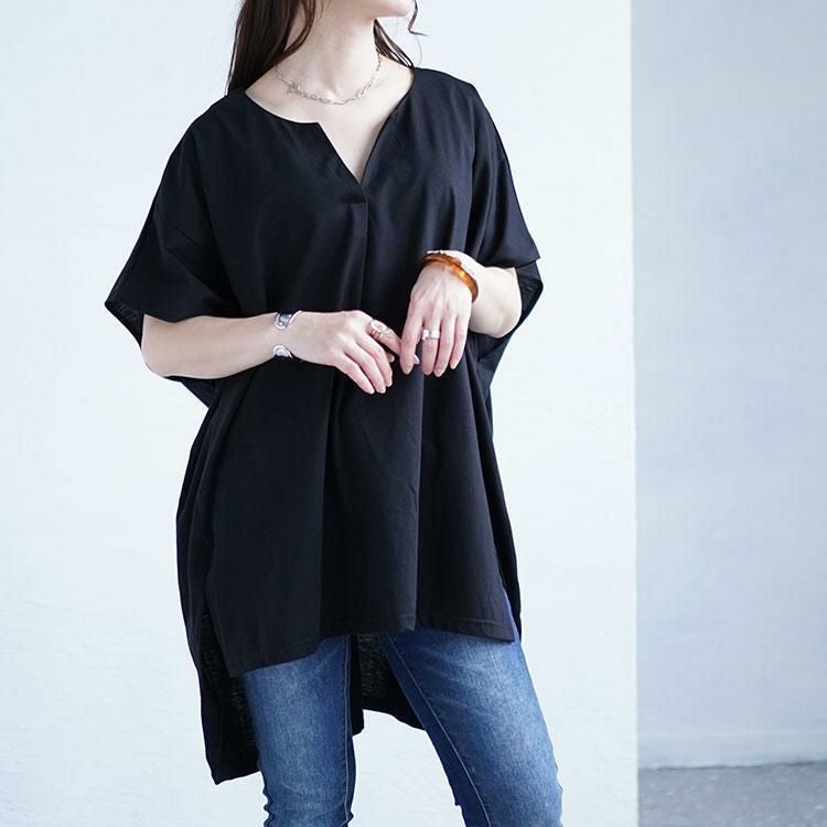 大きいサイズ レディース サイドスリットフロントタックドルマンチュニック　fem-464 ブラック