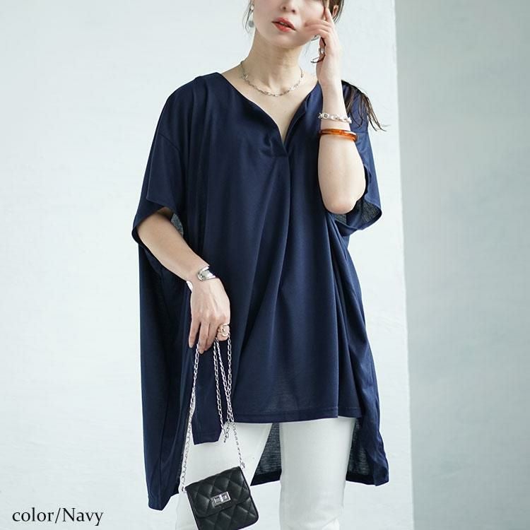 大きいサイズ レディース サイドスリットフロントタックドルマンチュニック　fem-464 ネイビー