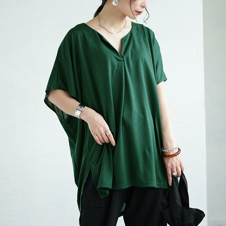 大きいサイズ レディース サイドスリットフロントタックドルマンチュニック　fem-464 グリーン