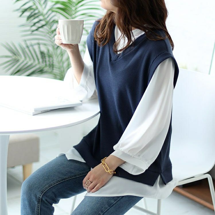 大きいサイズ レディース ワッフルベストフェイクシャツプルオーバー　cast-5542039