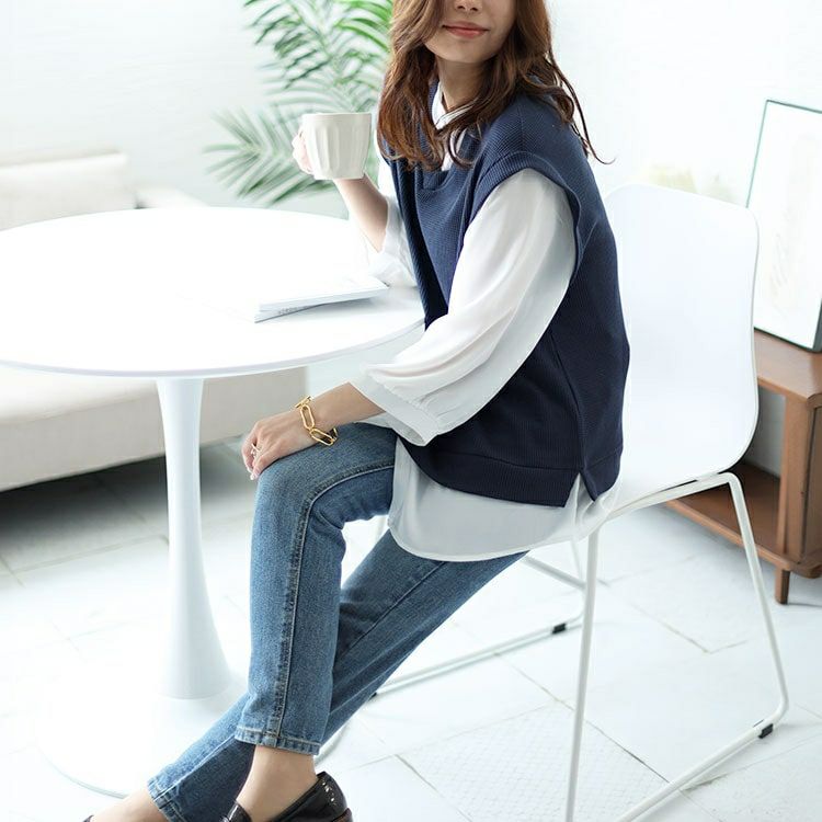 大きいサイズ レディース ワッフルベストフェイクシャツプルオーバー　cast-5542039