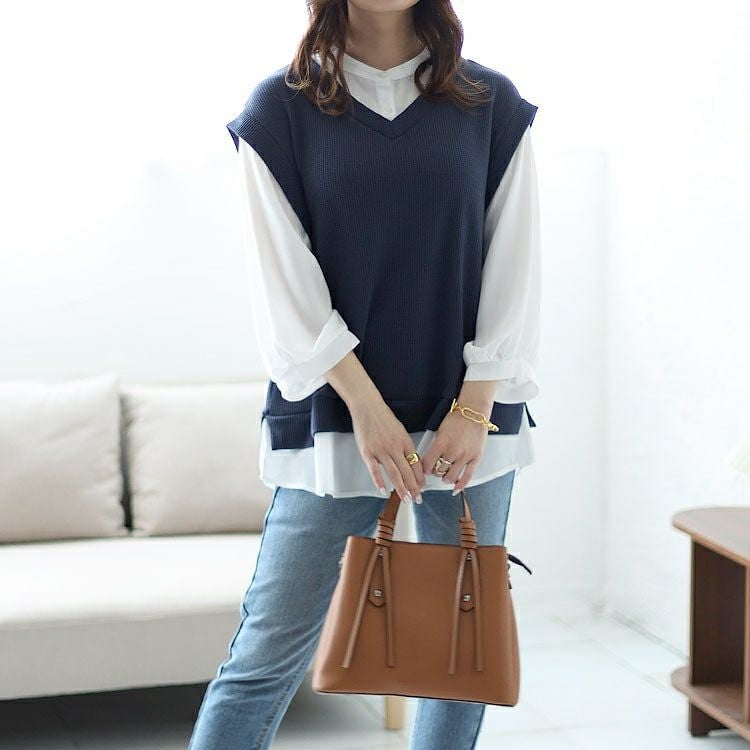 大きいサイズ レディース ワッフルベストフェイクシャツプルオーバー　cast-5542039