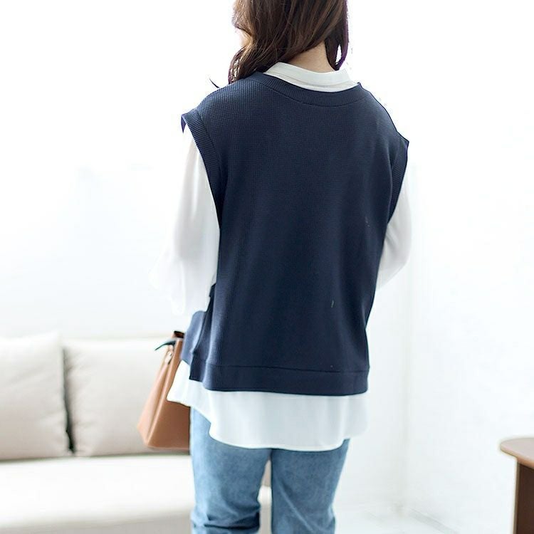 大きいサイズ レディース ワッフルベストフェイクシャツプルオーバー　cast-5542039