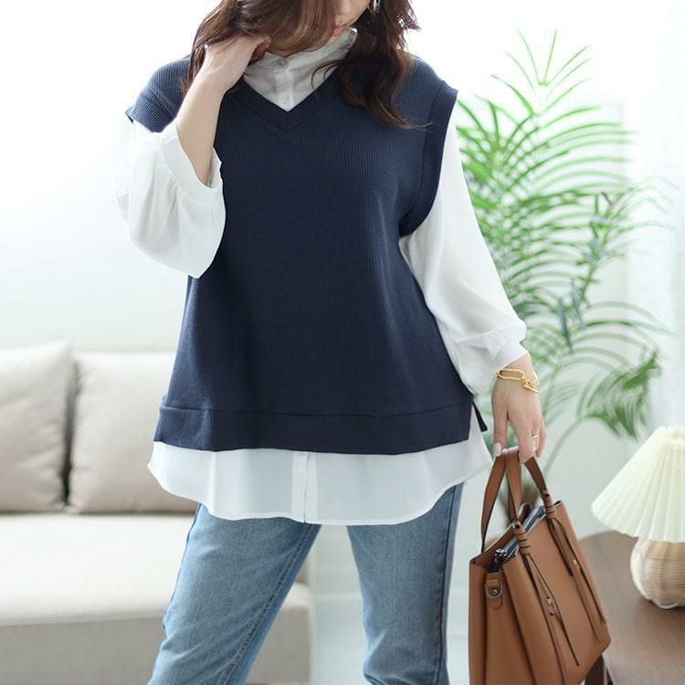 大きいサイズ レディース ワッフルベストフェイクシャツプルオーバー　cast-5542039 ネイビー