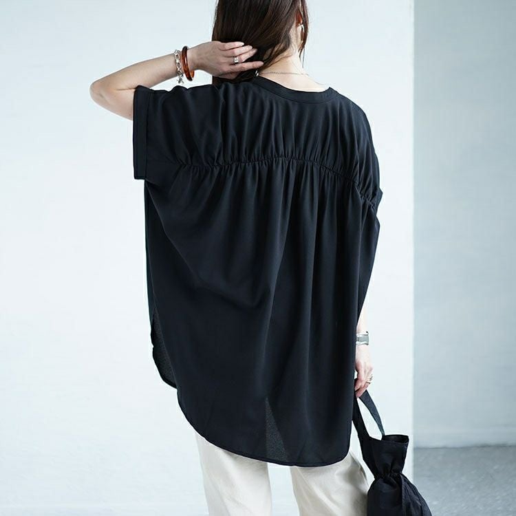 大きいサイズ レディース バックギャザースキッパーカラーブラウス　sw-0623