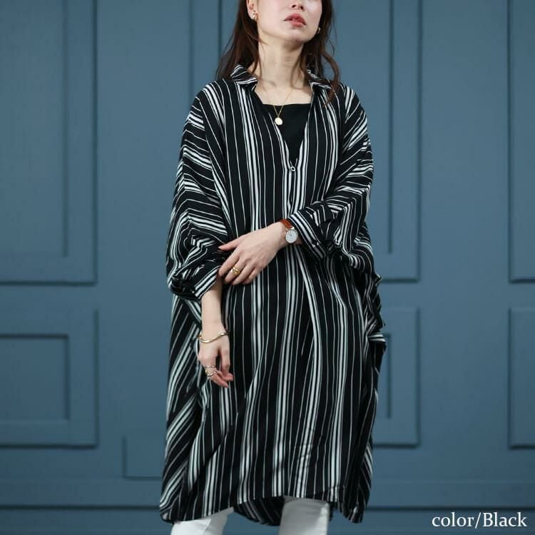 大きいサイズ レディース ランダムストライプドルマンチュニック　nw-24017 ブラック