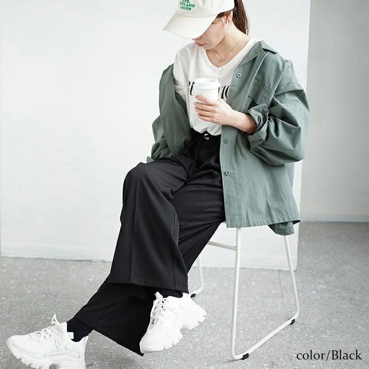 大きいサイズ レディース 細ベルト付きセンタープレスワイドパンツ　fem-468