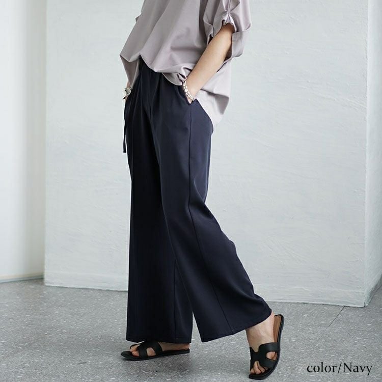 大きいサイズ レディース 細ベルト付きセンタープレスワイドパンツ　fem-468