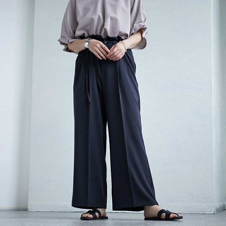 大きいサイズ レディース 細ベルト付きセンタープレスワイドパンツ　fem-468
