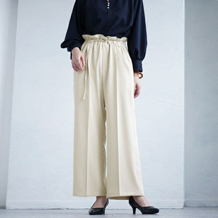 大きいサイズ レディース 細ベルト付きセンタープレスワイドパンツ　fem-468