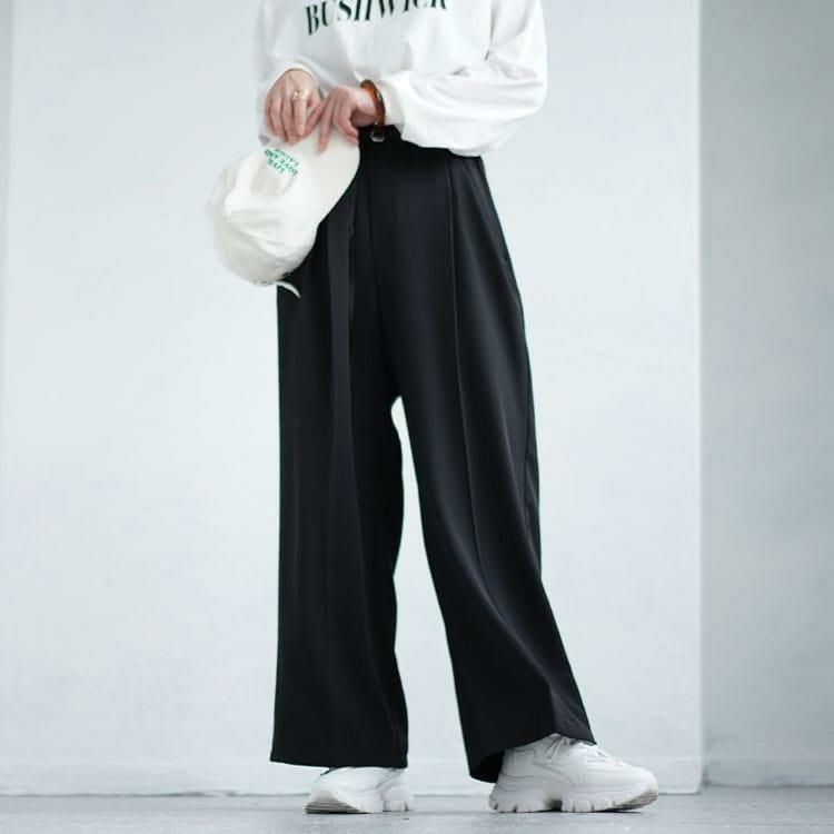 大きいサイズ レディース 細ベルト付きセンタープレスワイドパンツ　fem-468 ブラック