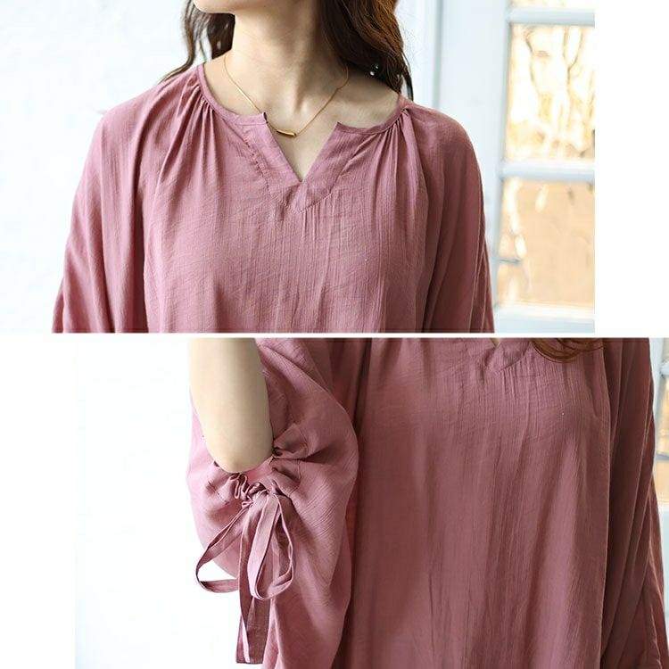 大きいサイズ レディース 袖リボン七分袖ワイドチュニック　fem-460