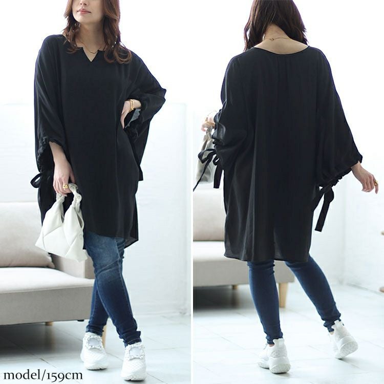 大きいサイズ レディース 袖リボン七分袖ワイドチュニック　fem-460