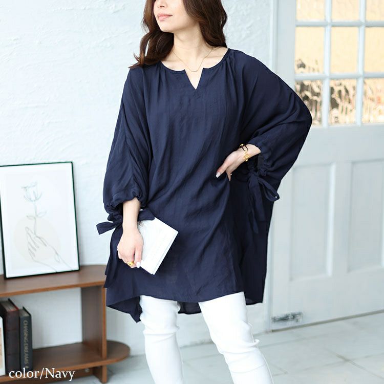 大きいサイズ レディース 袖リボン七分袖ワイドチュニック　fem-460