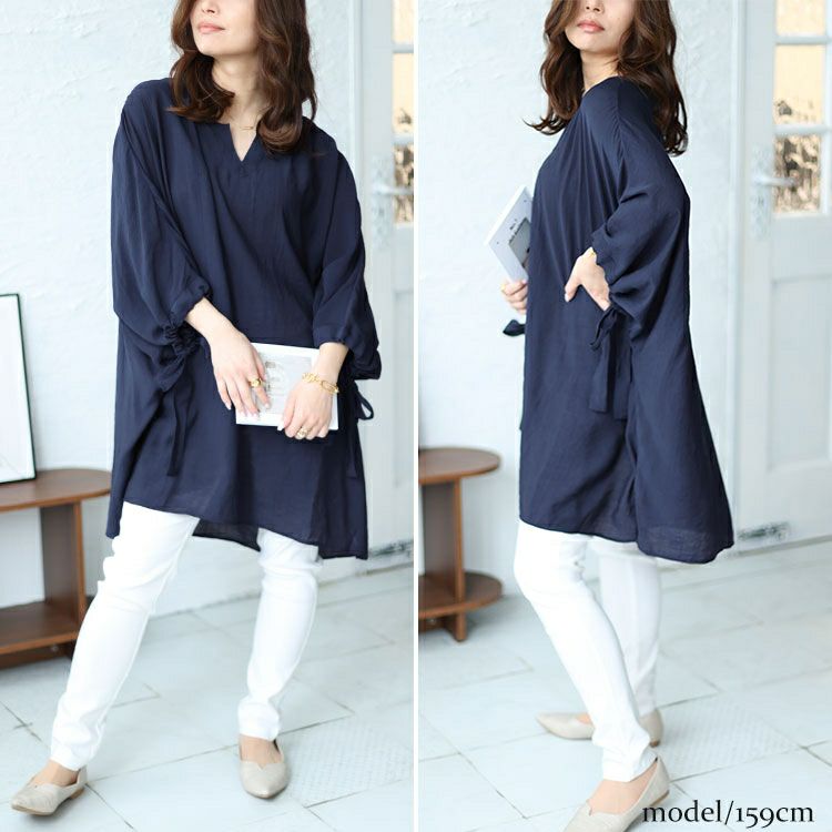 大きいサイズ レディース 袖リボン七分袖ワイドチュニック　fem-460