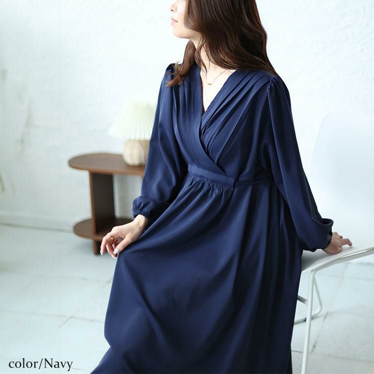 大きいサイズ レディース パワーショルダーカシュクールワンピース　fem-451 ネイビー