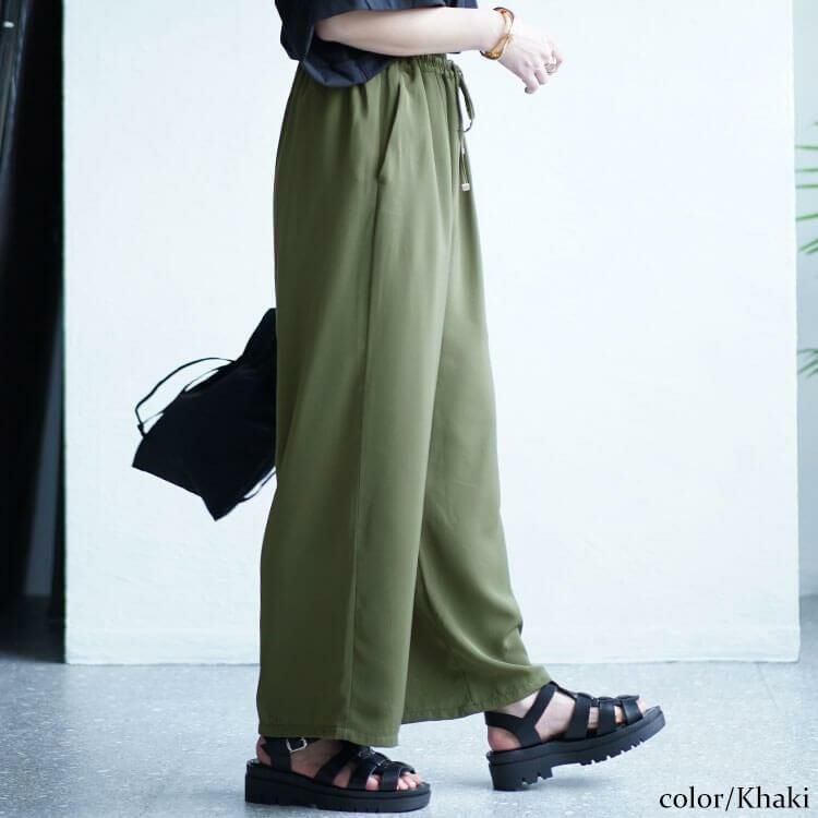 大きいサイズ レディース 接触冷感とろみツイルイージーパンツ　tkb-141564327 カーキ