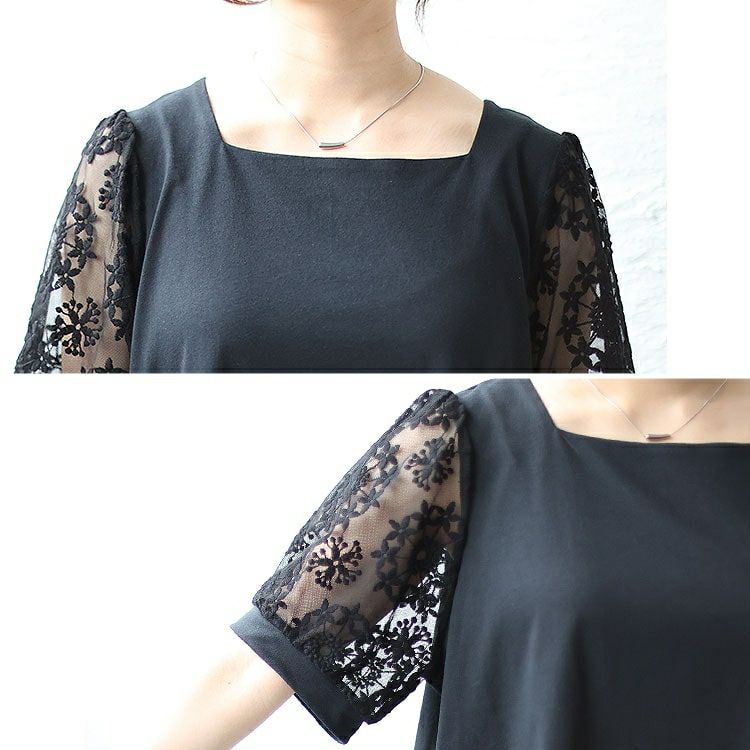 大きいサイズ レディース シアーレース袖切り替えスクエアネックTシャツ　mncut-142024